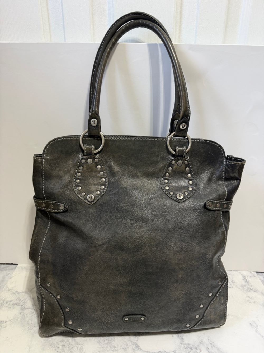 Frye Melissa rustic distressed black leather silver studded moto large tote bag - Picture 2 of 13